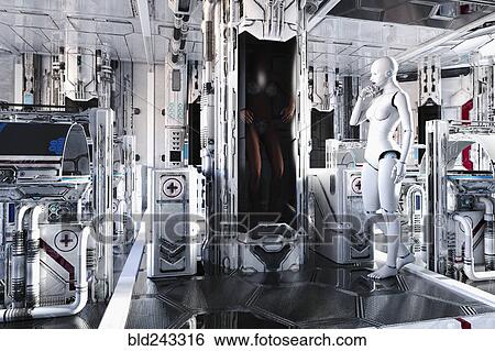 White female cyborg watching person in cylinder View Large Photo Image Stock Photograph - White female cyborg watching person in cylinder. Fotosearch