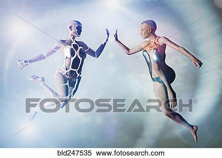 Stock Photography - Woman and cyborg high-fiving in cyberspace. Fotosearch