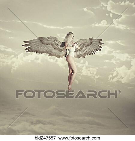 Stock Photo - Woman angel flying in clouds. Fotosearch