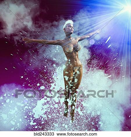 Stock Image - Woman floating in futuristic sky. Fotosearch