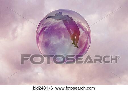 Stock Photograph - Woman floating in sphere in clouds. Fotosearch