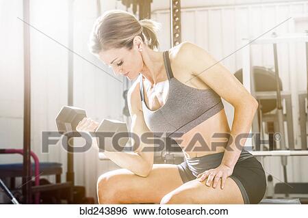 Woman lifting weights in gymnasium View Large Photo Image Stock Photograph - Woman lifting weights in gymnasium. Fotosearch