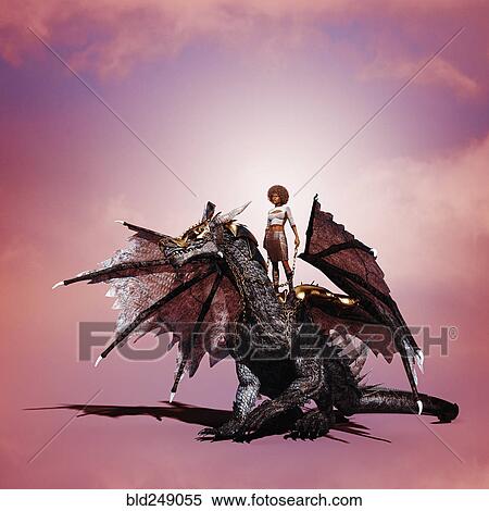 Stock Photography - Woman riding dragon. Fotosearch