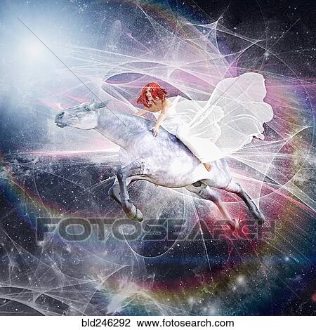 Woman riding white stallion in sky View Large Photo Image Stock Image - Woman riding white stallion in sky. Fotosearch