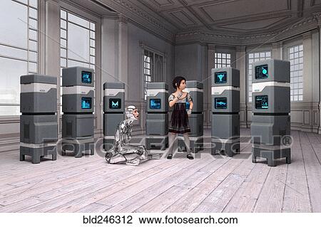Woman robot and girl near vintage computers View Large Photo Image Stock Image - Woman robot and girl near vintage computers. Fotosearch