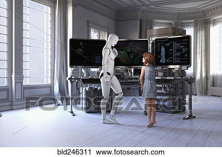 Woman robot and girl standing near computers View Large Photo Image Stock Image - Woman robot and girl standing near computers. Fotosearch