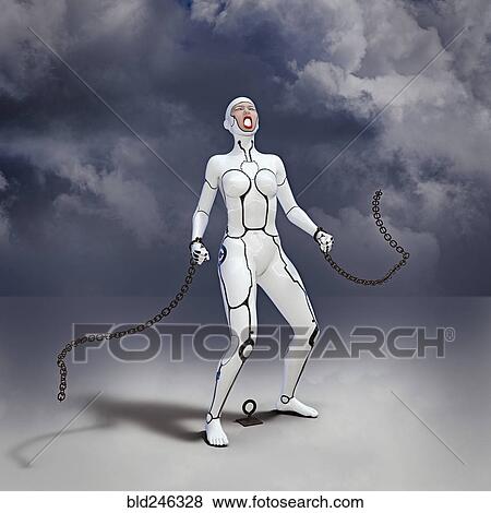Stock Photo - Woman robot breaking free from shackles. Fotosearch