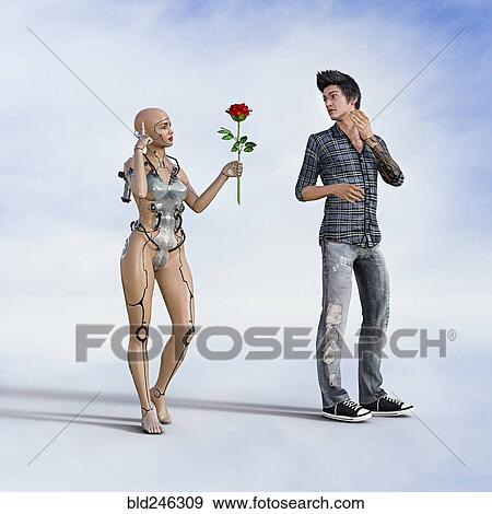 Woman robot offering rose to man View Large Photo Image Stock Photo - Woman robot offering rose to man. Fotosearch
