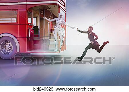 Woman robot reaching for hand of woman running for bus View Large Photo Image Stock Image - Woman robot reaching for hand of woman running for bus. Fotosearch