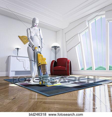Stock Photo - Woman robot vacuuming rug. Fotosearch
