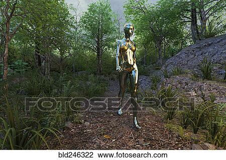 Stock Image - Woman robot walking on path in forest. Fotosearch