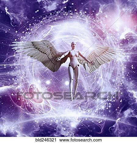 Stock Image - Woman robot with angel wings flying in purple sky. Fotosearch
