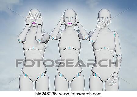 "Woman robots covering eyes, ears and mouth" View Large Photo Image Stock Photograph - "Woman robots covering eyes, ears and mouth". Fotosearch