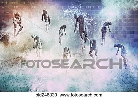 Stock Image - Woman robots floating above grid. Fotosearch