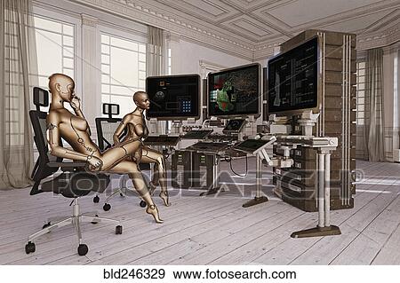 Stock Photo - Woman robots watching computer monitors. Fotosearch