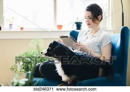 Stock Image - Woman sitting in armchair with dog using digital tablet. Fotosearch