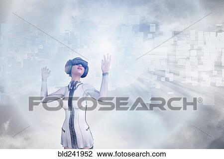 Woman using virtual reality helmet in pixelated sky View Large Photo Image Stock Image - Woman using virtual reality helmet in pixelated sky. Fotosearch