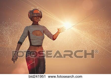 Woman using virtual reality helmet View Large Photo Image Stock Image - Woman using virtual reality helmet. Fotosearch