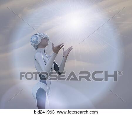 Stock Image - Woman using virtual reality helmet. Fotosearch
