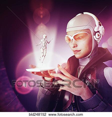 Woman watching cyborg in cell phone hologram View Large Photo Image Stock Image - Woman watching cyborg in cell phone hologram. Fotosearch
