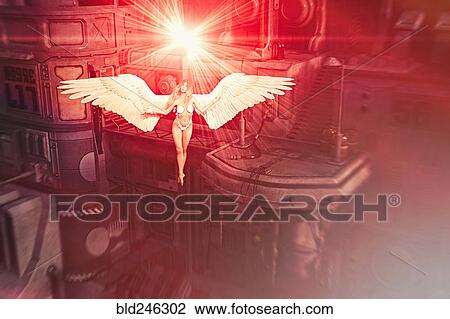 Woman wearing bikini flying with angel wings in industrial space View Large Photo Image Stock Image - Woman wearing bikini flying with angel wings in industrial space. Fotosearch