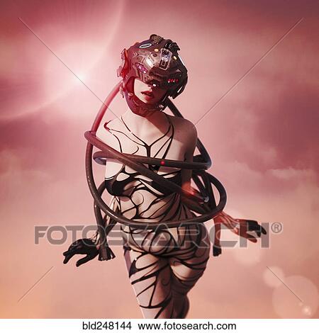 Picture - Woman wearing virtual reality helmet wrapped with hose. Fotosearch