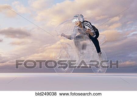 Woman wearing virtual reality helmet riding motorcycle View Large Photo Image Stock Photo - Woman wearing virtual reality helmet riding motorcycle. Fotosearch