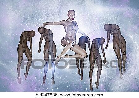 Stock Photograph - Women cyborgs floating in the cyberspace. Fotosearch