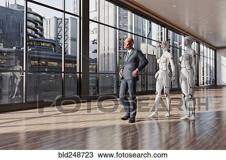 Stock Image - Women cyborgs following businessman. Fotosearch