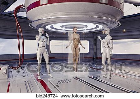 Picture - Women cyborgs using transporter. Fotosearch