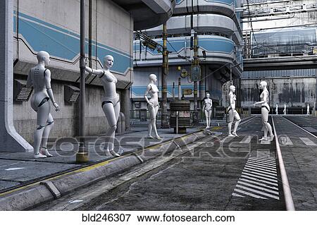 Stock Photo - Women robots in futuristic city. Fotosearch