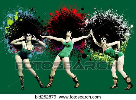 Stock Photo - Women wearing bathing suits and sunglasses near paint splatter. Fotosearch