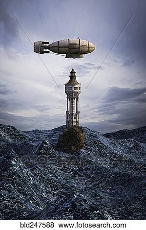 Stock Photo - Zeppelin hovering over lighthouse on rock in ocean. Fotosearch