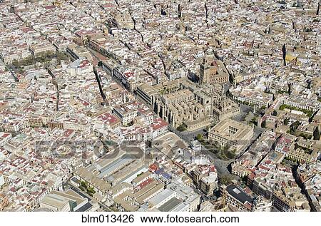 Stock Photograph - Aerial view over Spanish city. Fotosearch