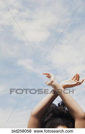 African American woman with arms raised to clouds View Large Photo Image Stock Photo - African American woman with arms raised to clouds. Fotosearch