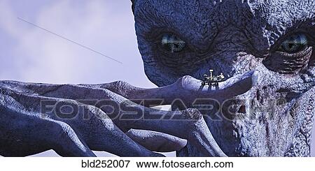 Stock Photo - Alien examining tiny vehicle on finger. Fotosearch