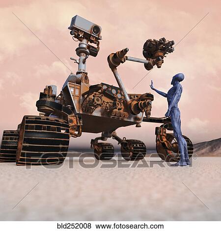Stock Photo - Alien gesturing stop to giant vehicle. Fotosearch