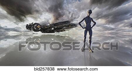 Stock Photo - Aliens standing in clouds near spaceship. Fotosearch