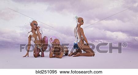 Stock Photography - Android women kneeling and laying on floor. Fotosearch