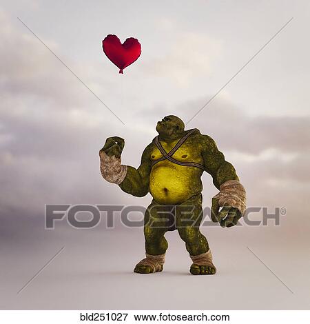 Angry ogre looking up at floating red balloon heart View Large Photo Image Stock Photo - Angry ogre looking up at floating red balloon heart. Fotosearch