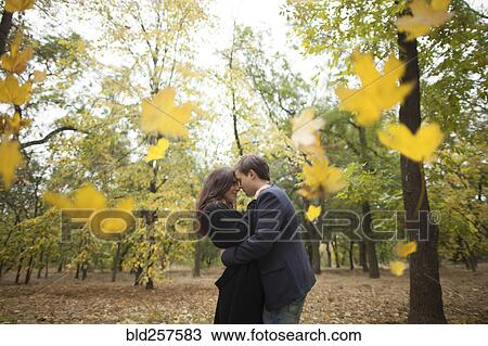 Autumn leaves falling near hugging Caucasian couple View Large Photo Image Stock Image - Autumn leaves falling near hugging Caucasian couple. Fotosearch