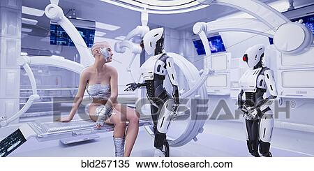 Stock Photography - Bandage on cheek of android in futuristic hospital. Fotosearch