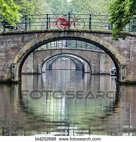 Bicycles on bridges over urban canal View Large Photo Image Stock Photo - Bicycles on bridges over urban canal. Fotosearch