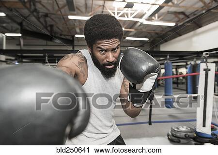 Stock Image - Black man posing in boxing ring. Fotosearch
