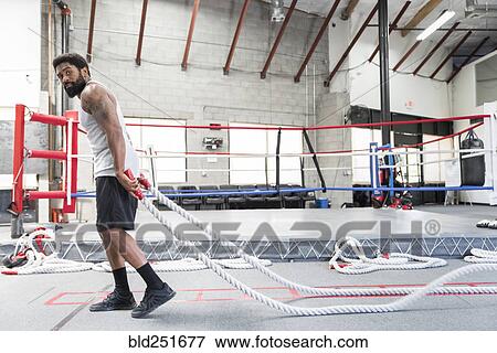 Stock Photo - Black man pulling heavy ropes in gymnasium. Fotosearch