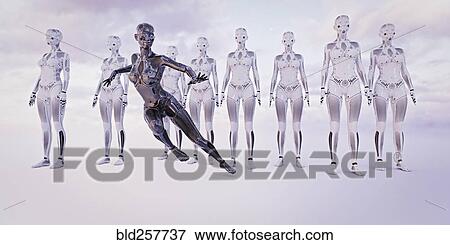 Stock Photo - Black woman android running near white androids. Fotosearch