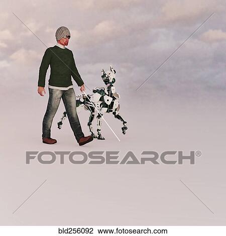 Stock Image - Blind man walking with a futuristic robot guide dog. Fotosearch