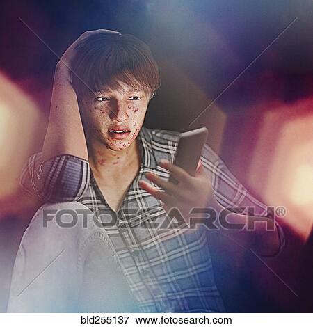 Boy with acne texting on cell phone View Large Photo Image Stock Photo - Boy with acne texting on cell phone. Fotosearch
