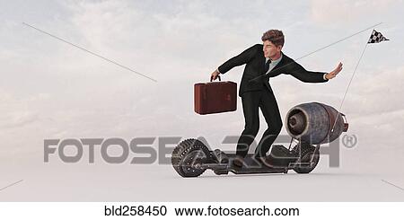 Stock Image - Businessman riding futuristic skateboard. Fotosearch