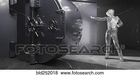 Stock Photo - Businessman wearing virtual reality goggles opening vault. Fotosearch